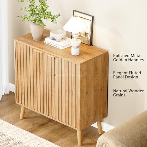Fluted Storage Cabinet, Buffet Cabinet with Storage, Wood Sideboard with Adjustable Shelf, Modern Accent Cabinet & Console Table for Entryway, Living Room, Dining Room, Natural - Image 3