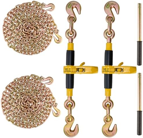 VEVOR 3/8"-1/2" Ratchet Chain Binder with Chain, G80 12000 lbs Secure Limit, Heavy Duty Load, Labor-Saving Anti-Skid Handle, Tie Down Hauling Chain Binders for Flatbed Truck Trailer, 2 Set & Yellow by VEVOR
