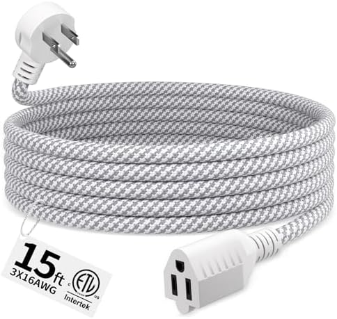 16 Gauge Braided Extension Cord 15 FT, Flat Plug Power Cord Indoor by Seeklyze