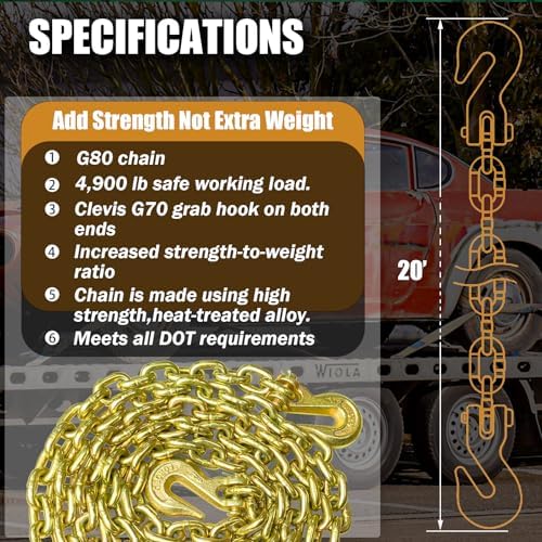 G80 Transport Binder Chain 5/16 Inch x 20 Foot | Tow Chain with Clevis Grab Hooks | 4,900 lbs Safe Working Load | Heavy Duty Chain for Transporting Towing (5/16'' x 20FT (Yellow Zinc)) - Image 4