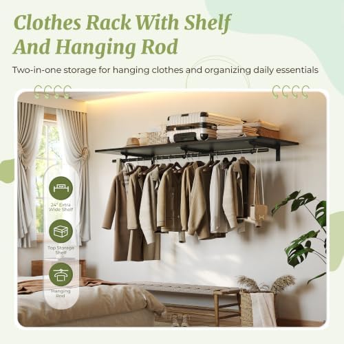 IAE Wall Mounted Clothes Rack with Shelf and Hanging Rod, 55x24in, Black - Image 6