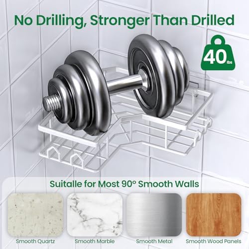 Adhesive Shower Caddy, 2 Pack Corner Bath Organizer, Rustproof Stainless Steel Shower Shelves with Large Capacity, No Drilling Shelves for Bathroom Storage, Home, Kitchen Décor(XL-White) - Image 3