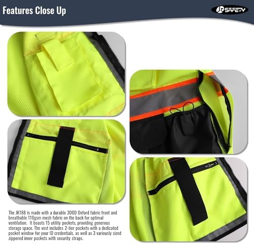 JKSafety Hi-Vis Unisex Surveyor Safety Vest Heavy Duty PPE Inner Pockets ANSI/ISEA Compliant - Image 3