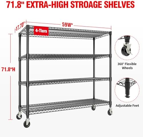 59" W Storage Shelves 2640LBS Heavy Duty Garage Shelving Units with Wheels and Adjustable Shelf, 4-Tiers Wire Shelving Rack for Garage Pantry Kitchen Warehouse Industrial - Image 2