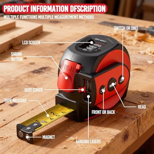 SENDA 3-in-1 Laser Tape Measure - 197Ft Rechargeable Laser Measuring Tape with Led Display & 16Ft Measuring Tool with Magnetic Hook & Auto Lock -20 Data Sets,Pythagorean/Area/Volume,Ft/Ft+in/in/M Unit - Image 3