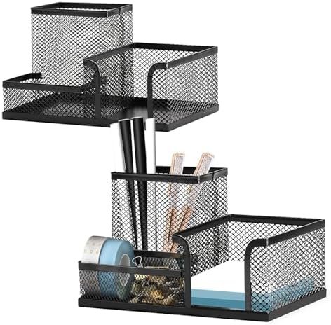 Moonlik Mesh Pen Holder Desk Organizer Set, Pencil Storage Holder with 3 Compartments, Office School Home Desktop Supplies, Desk Accessories for Paper Clip, Sticky Notes(2pack, Black) by Moonlik