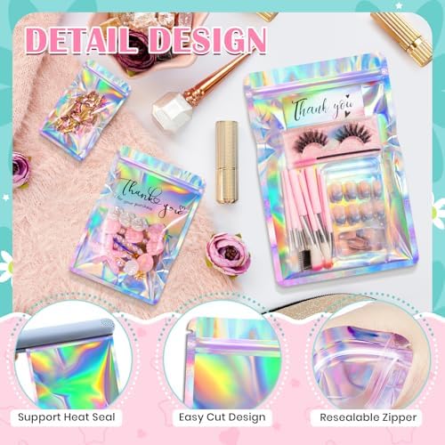 FUNFERY 100 Pack,Round Corner Clear Window Smell Proof Holographic Bags - Image 4