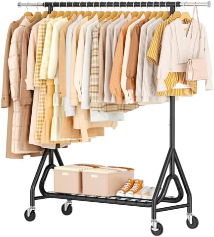 Heavy Duty Garment Rack, Metal Clothes Rack Load 450 LBS, Rolling Clothing Racks for Hanging Clothes with Lockable Wheels, Wardrobe Closet Coat Racks for Bedroom, Black by JIEJIERUI