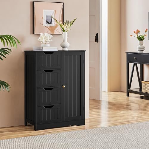 Yaheetech Bathroom Storage Cabinet with 4 Beadboard Drawers and Door, Black - Image 4