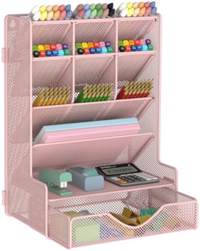 BOHDK Pen Organizer for Desk, Multi-Functional Desk Organizer, Wall Mount Pen Holder with Drawer for School, Office, Home, Art Supplies, Pink by BOHDK