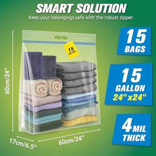HIBAG 15 Gallon Large Storage Bags, 24” x 24” Resealable Clear Bags with Handle, Extra Large XL Heavy Duty for Clothes Pillow Travel Moving, Pack of 15 - Image 2