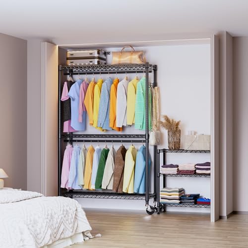 IZEUK Heavy Duty Rolling Garment Rack Wire Clothes Rack for Hanging Clothes (Black, 3 Tier with 2 Rod, 15.7" D x 45.3" W x 79.6" H) - Image 3