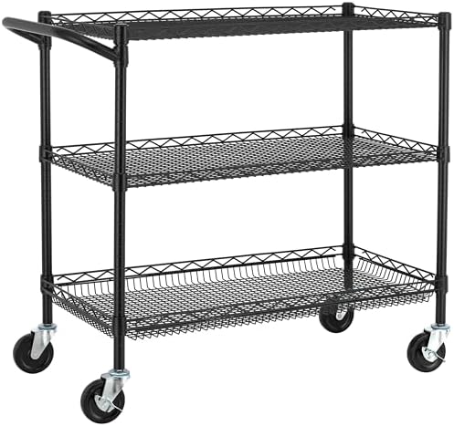 Finnhomy 3 Tier Heavy Duty Commercial Grade Utility Cart, Wire Rolling Cart with Handle Bar, Steel Service Cart with Wheels, Kitchen Carts on Wheels, Metal Cart Shelf Size 18" D x 36" W, NSF, Black by Finnhomy