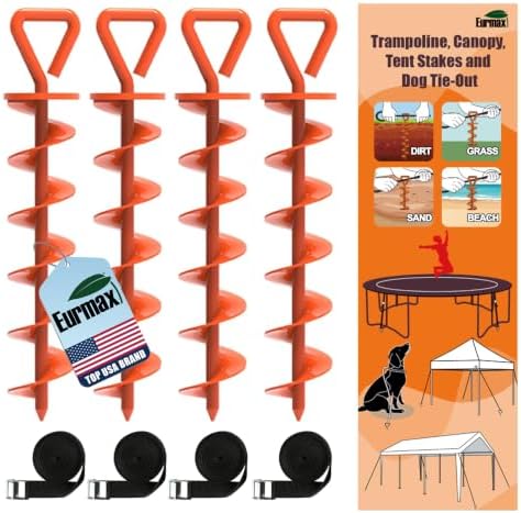 Eurmax USA 4 Pack Heavy Duty Ground Stakes,Industrial Grade Spiral Steel Screw-In Trampoline Anchors with 4 Reinforced Straps,High Wind Stabilizing Kit for Dog Tie-Out,Canopies,Sheds,Swing Sets,Orange by Eurmax