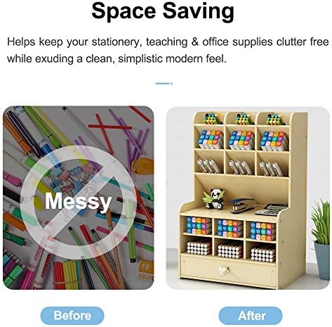 Hggzeg Wooden Desk Organizer with Drawer, Large Capacity DIY Pen Holder Storage Box Desktop Stationary Storage Rack, Pen Organizer Caddies for Office, Home and School Supplies (B16-White Maple) - Image 2