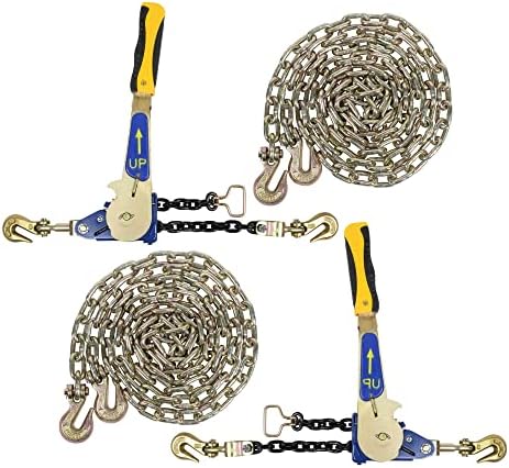 Mytee Products 4 Pcs G70 5/16" Chain & Easy Binder Kit - (2) 5/16"-3/8" Easy Ratcheting Chain Load Binder & (2) 5/16" x 20' G70 Transport Chain w/Grab Hooks - 4700 lbs WLL for Truck Trailer Tie Down by MyteeProducts