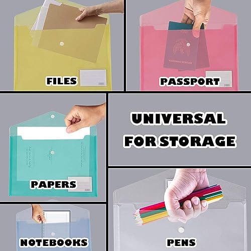 10 Pack Plastic Envelopes for Documents, Clear Folders with Label Pockets, 5 Colors 2 Each, Clear Poly File Folders Letter Size/A4, Hook and Loop Closure,Document Envelopes for School Office Home - Image 5