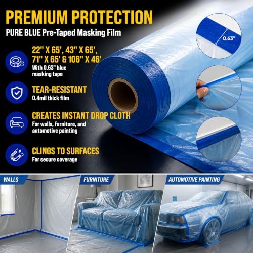 Dura-Gold Pure Blue Pre-Taped Masking Film, (4 Pack of 22, 43", 71", 106") Painters Plastic Roll, Pull Down Drop Sheet, Pre-Taped Plastic Sheeting for Painting Protection on Auto, Walls, Furniture - Image 2