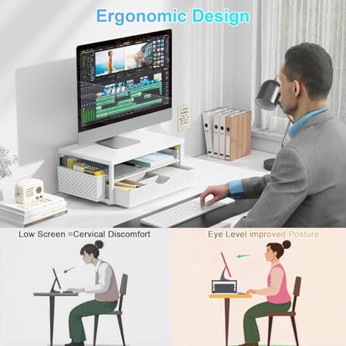 gianotter Desk Organizers and Accessories, Monitor Stand with Drawer and 2 Pen Holder, Desktop Organizer Suitable for Offices and Dormitories (Matte White) - Image 2