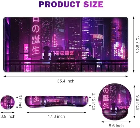 Gaming Mouse Pad, Large Desk Mat, Cute Desk Pad, 4in1 XXL Mousepad + Keyboard Wrist Rest+Mouse Wrist Rest+Coaster Set with Ergonomic Desk Pad for Home Office Table Computer, Purple Anime Neon - Image 2