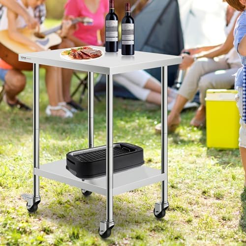 VEVOR Stainless Steel Work Table 24 x 30 x 38 Inch, with 4 Wheels, 3 Adjustable Height Levels, Heavy Duty Food Prep Worktable for Commercial Kitchen Restaurant, Silver - Image 2