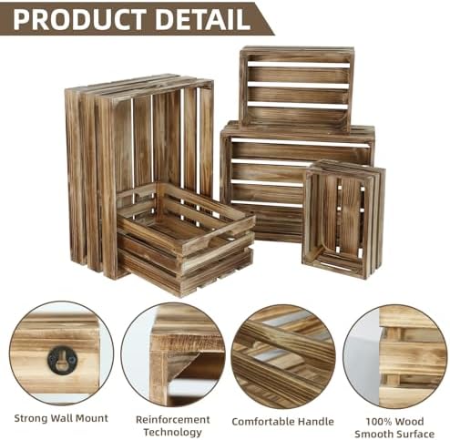 Set of 5 Large Wooden Crates, Nesting Storage Crate with Handles, Rustic Torched Brown Farmhouse Wooden Crates for Display, Wedding Birthday Home Party Living Room Kitchen Decoration - Image 3
