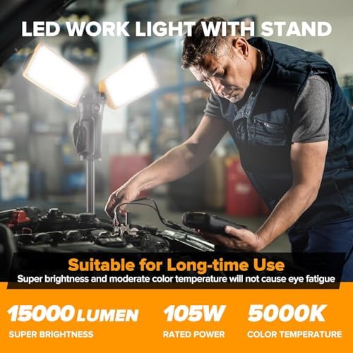 LUTEC 【Upgraded 5000K 15000 Lumen 105 Watt Dual-Head LED Work Light with Telescoping Tripod, Work Light with Stand Rotating Waterproof Lamps and 8 Ft 3-Prong Power Cord (Pack of 2) - Image 2