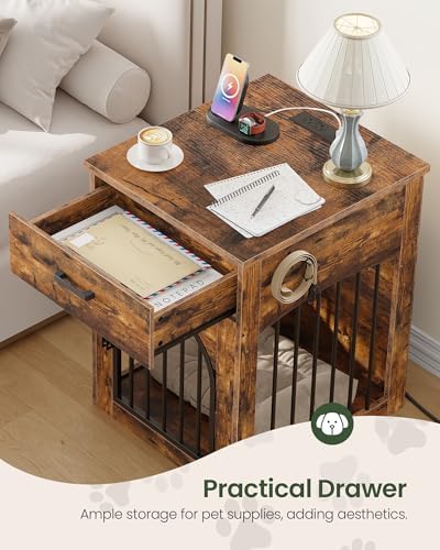 CHOEZON Dog Crate Furniture, Wooden Dog Kennel with Charging Station and Storage Drawer, Indoor Pet Crate End Table for Small Breeds, Dog Cage Furniture for Living Room, Bedroom, Rustic Brown MGW01UFG - Image 4