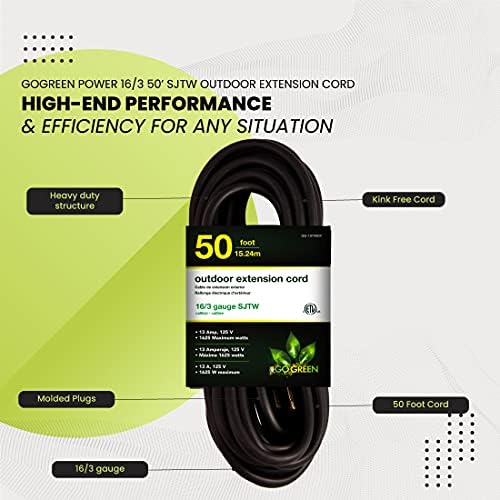 Power By GoGreen Go Green Power Inc. 16/3 50ft Black Outdoor Extension Cord - Durable, Heavy Duty, Moisture Resistant - Ideal for Tools & Equipment - GG-13750BK (Pack of 12) - Image 5