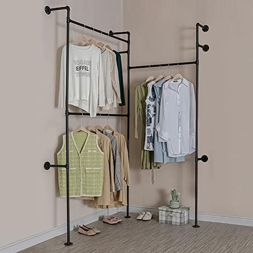 Wall Mounted Industrial Pipe Clothing Rack Garment Racks Pipeline Vintage Rolling Rack On Wall, Heavy Duty Rustic Gold Metal Garment Frame for Bedroom, Living room (Black) - Image 2