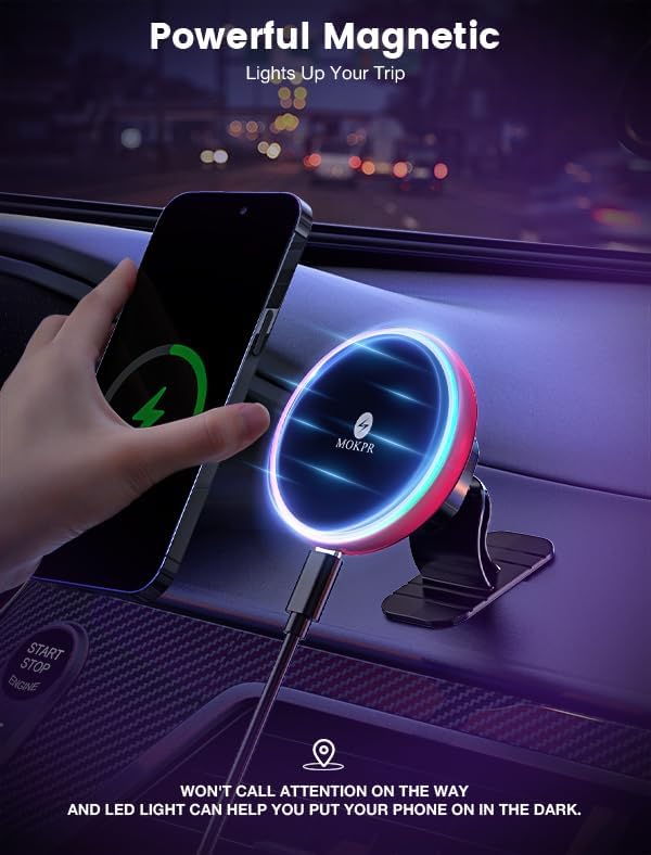 for Magsafe Car Mount Charger 15W LED RGB Car Phone Holder for Dash Vent - Image 5