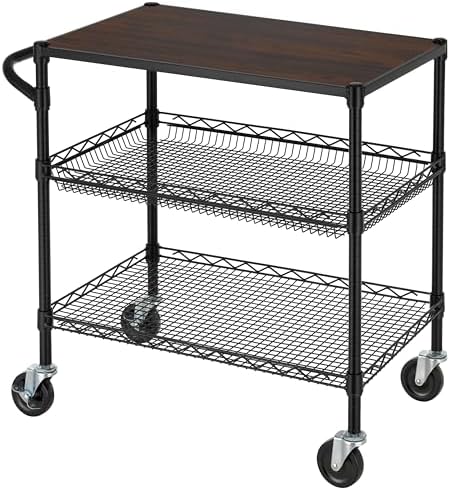 Finnhomy 3 Tier Heavy Duty Commercial Grade Utility Cart with Wood Top, Wire Rolling Cart with Wheels and Handle Bar, Kitchen Carts on Wheels, Metal Cart with 600 LBS Capacity, Black by Finnhomy