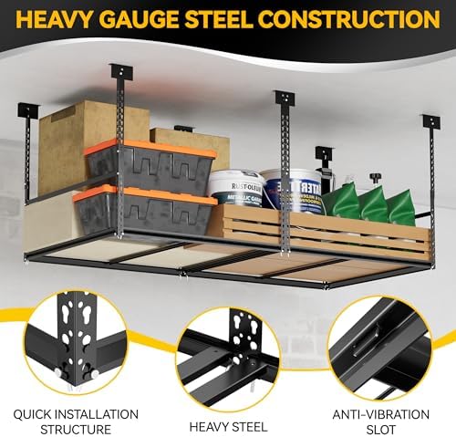 4x8 Ft Overhead Garage Storage Rack, 28-41 inch Height Adjustable Ceiling Mounted Organization Rack, 850 lbs Weight Capacity, 48"x96" Heavy Duty Space-Saving Metal Rack for Garage Storage - Image 2
