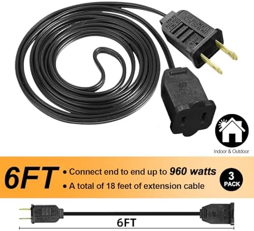 #18 Gauge Black Extension Cord 6 Ft, Polarized Plug 2 Prong Extension Cord for Christmas Lights Indoor Outdoor Waterproof, 120Volts / 8Amps, Connect Up to 960Watts Holiday Light (3 Pack,Total 18Ft) - Image 3