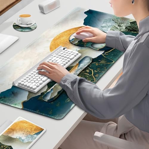 Gaming Mouse Pad, Large Desk Mat, Cute Desk Pad Protector, 4in1 XXL Mousepad +Keyboard Wrist Rest+Mouse Wrist Rest+Coaster Set with Ergonomic Desk Pad for Home Office Table Computer Green Mountain - Image 7