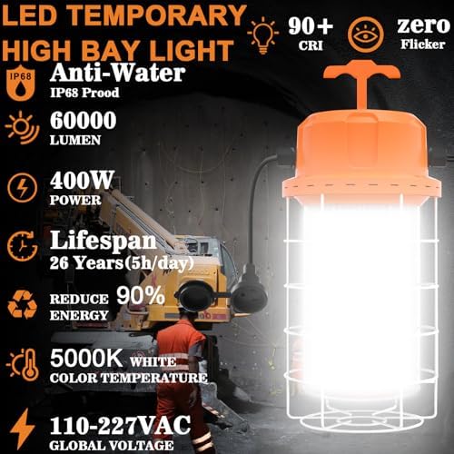 NS LED Temporary Work Light 400W 60000 LM, 5000K Daylight with 16-ft Cord & Hook, Waterproof, Orange - 26-Year Lifespan, 5-Yr Warranty, Chainable up to 20 (1-Pack) Construction JobSite Warehouse - Image 3