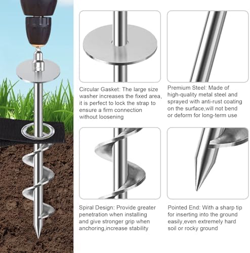 Eurmax USA 4 Pack Universal Ground Anchors High Wind, Heavy Duty Screw-in Trampoline Stakes with 4 Straps, Upgraded Commercial Anchor Kit for Outdoor Sheds, Swing Sets & Mobile Homes (Silver) - Image 4