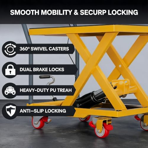 500 LBS Manual Hydraulic Double Scissor Lift Table Cart, Max 28.5 Inch Lifting Height, Reinforced Welded Steel Frame, Anti-Overload Hydraulic Unit, Non-Slip Rubber Platform Mat - Image 5