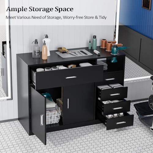 OmySalon Salon Station Free Standing Cabinet, Barber Hair Styling Stations, Beauty Spa Equipment with 5 Drawers, 1 Storage Cabinet, 3 Hair Dryer Holders, Black - Image 4