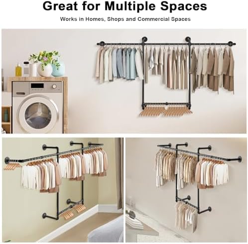 Livabber Industrial Pipe Clothes Rack, Heavy Duty Detachable Iron Garment Rack Wall Mounted, Rustic Saving Space Clothes Bar Multi-Purpose Hanging Rod for Bedroom, Closet, 2 Tier, Black (82 Inch) - Image 6