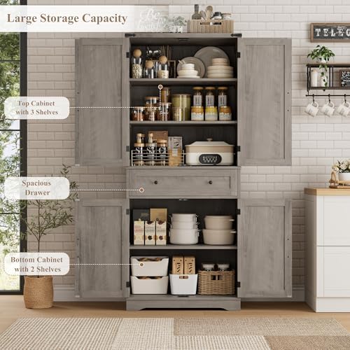 HOSTACK Kitchen Pantry Storage Cabinet, Farmhouse Pantry Cabinet, Ash Gray - Image 5