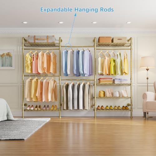 Timate L3 L Shape Gold Heavy Duty Clothes Rack, Industrial Pipe Wall Mounted, Adjustable 6 Shelves, 5 Closet Rods, Space Saving - Image 2