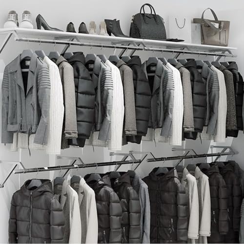 Wall Mounted Clothes Rack with Top Shelf, Heavy Duty Stainless Steel Industrial Clothing Rack ，Metal Shelf Multi-Purpose Hanging Rod，Space-Saving Closet Storage for Bedroom Laundry Room - Image 6