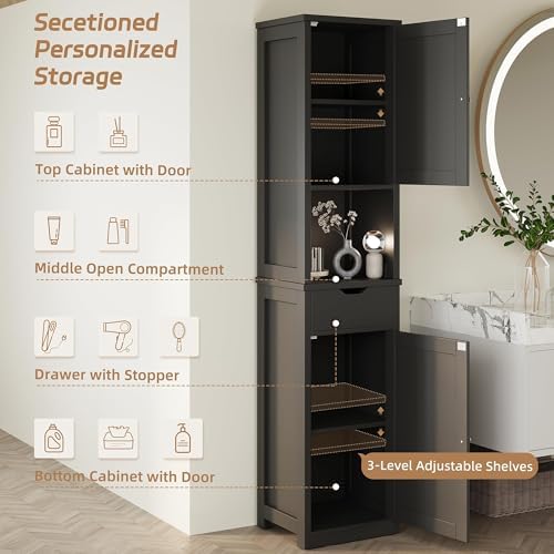 Shintenchi Tall Bathroom Storage Cabinet, Slim Corner Floor Cabinet with Doors and Drawer, Freestanding Narrow Bathroom Organizer with Adjustable Shelves for Small Space, Black - Image 5