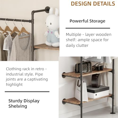 Industrial Pipe Clothing Rack with Shelves,Black - Image 7