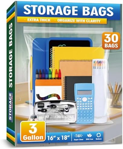 Large 3 Gallon Zippered Plastic Bags for Storage- 16'' x 18'', Ideal for Clothes Clothing, Travel, Moving, 2-mil Thick Clear Plastic, 30 pack by Storage+Master
