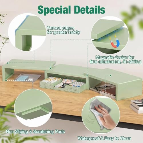 OPNICE Dual Computer Monitor Stand Riser, Desk Organizer with Drawer, Office Desk Accessories & Workspace Organizers for Home Office Supplies, Green - Image 5
