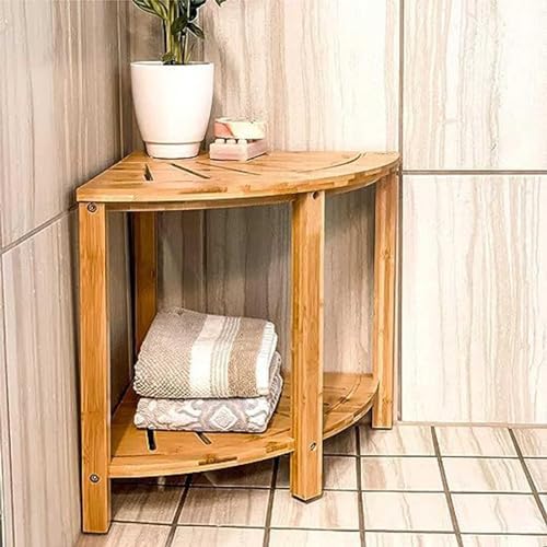 Bamboo Shower Bench with Storage Shelf Waterproof Corner Shower Stool for Shaving Legs Compact Size (15 * 13in) - Image 2