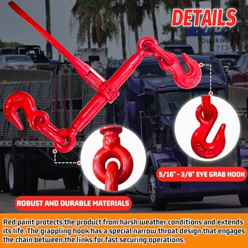 Ratchet Chain Binders 5/16'' - 3/8‘’, 2 Pack Load Binders with G70 Grab Hooks, Tie Downs for 5/16 Inch Transport Chain, 5400 Pounds Working Load Limit- Heavy Duty Ratchet Binders for Towing - Image 3