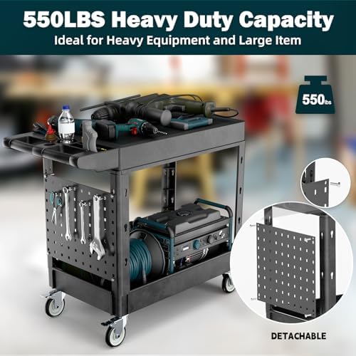 Heavy Duty Utility Service Tool Cart, 39 x 17 in, 2 Shelf Flat Top Rolling Cart with Hanging Board, 550LBS, Swivel Wheels, Ergonomic Handle for Garage, Warehouse, Office, Workshop, Auto Repair - Image 2